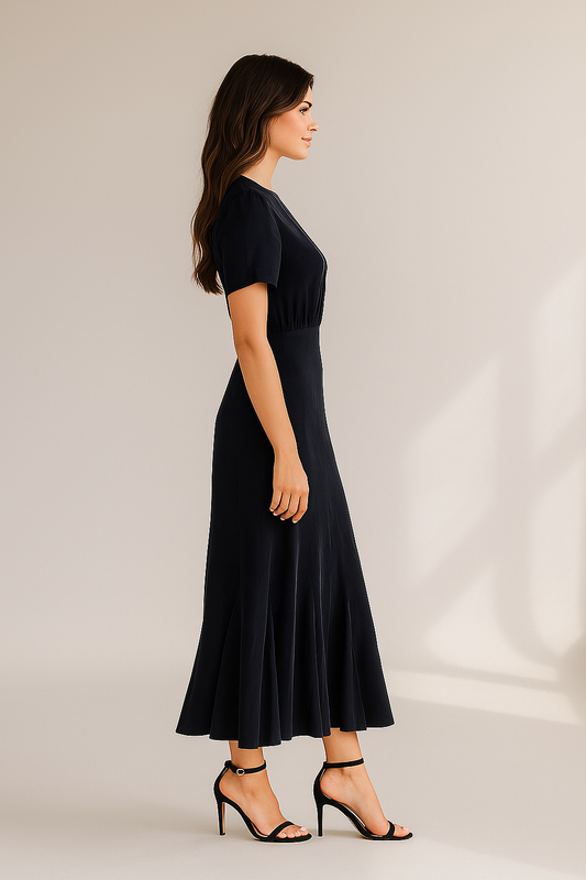 Sort dame midikjole med flæsekant og korte ærmer