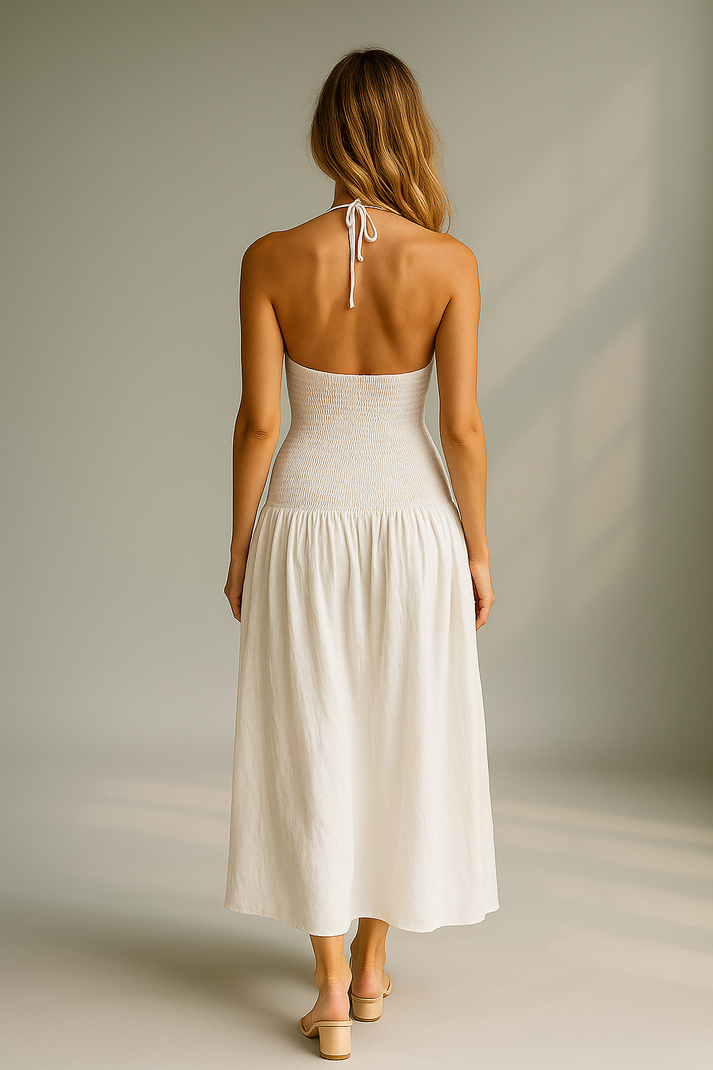 Hvid maxikjole med smock overdel og tynde stropper