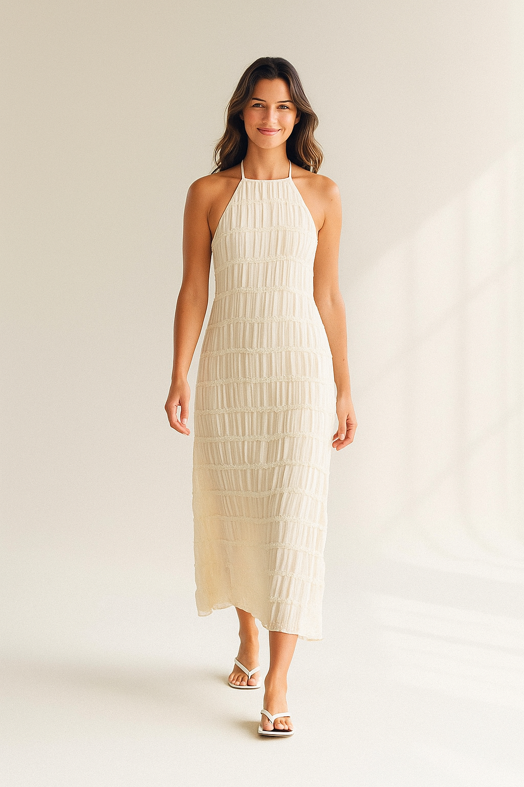 Hvid midi-kjole med halterneck og struktureret mønster