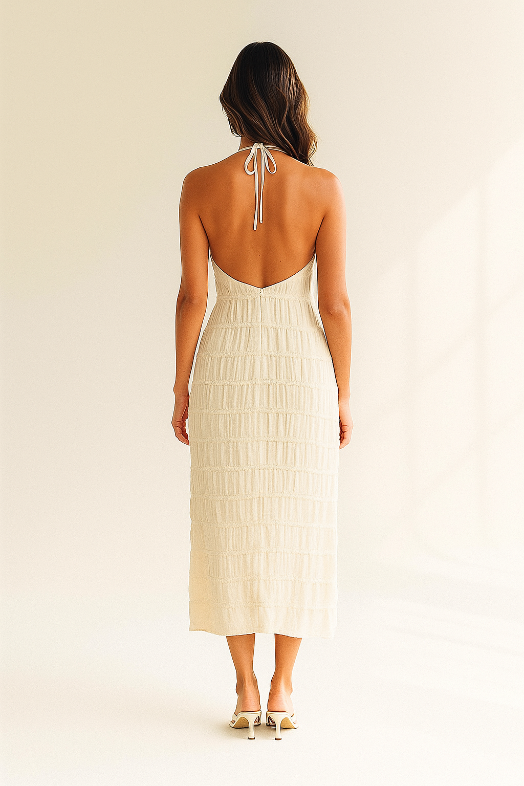 Hvid midi-kjole med halterneck og struktureret mønster