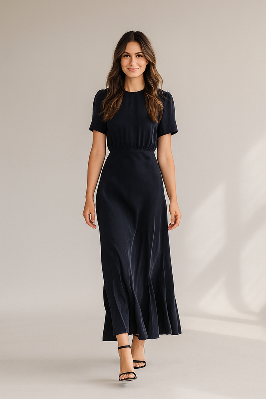 Sort dame midikjole med flæsekant og korte ærmer