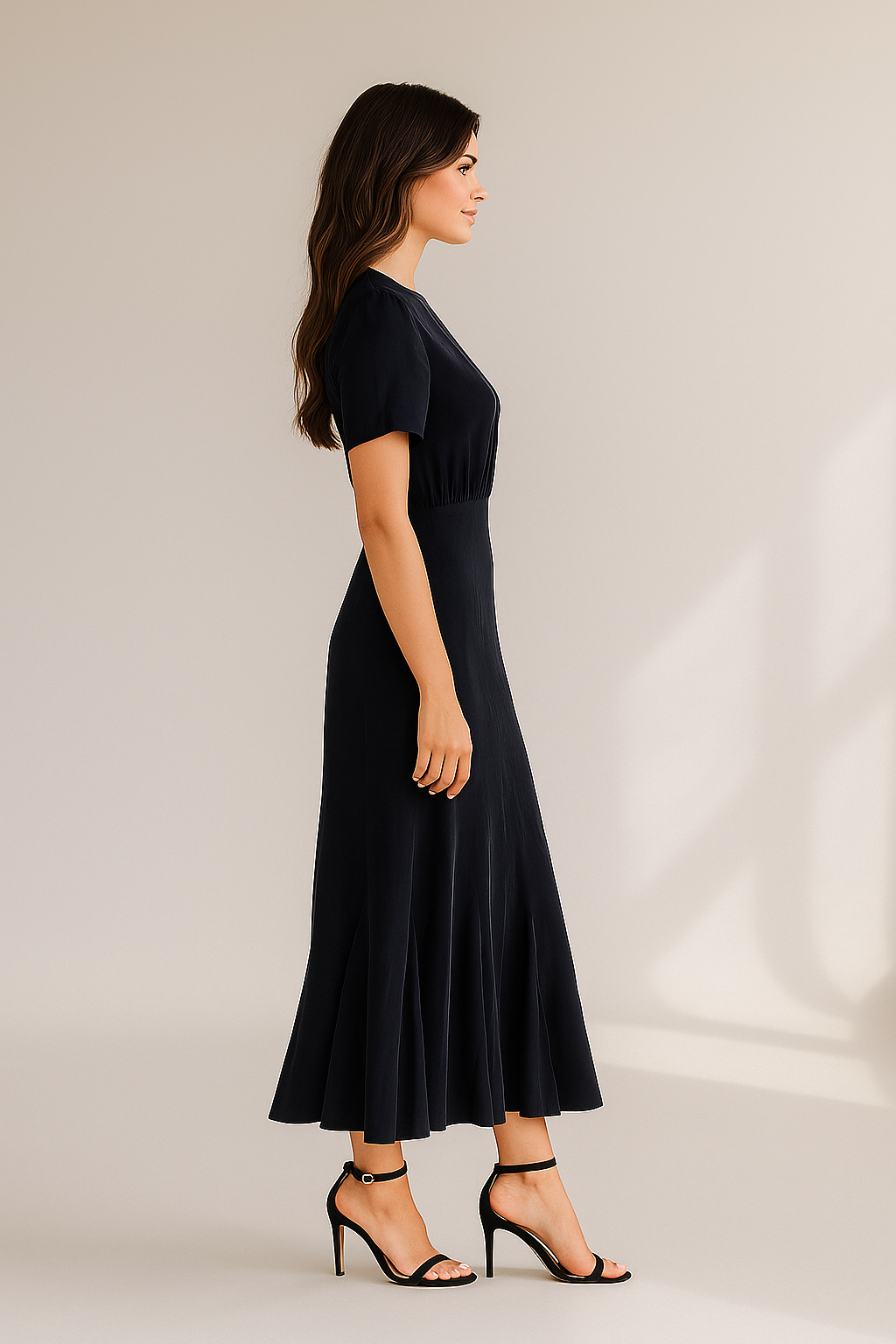 Sort dame midikjole med flæsekant og korte ærmer