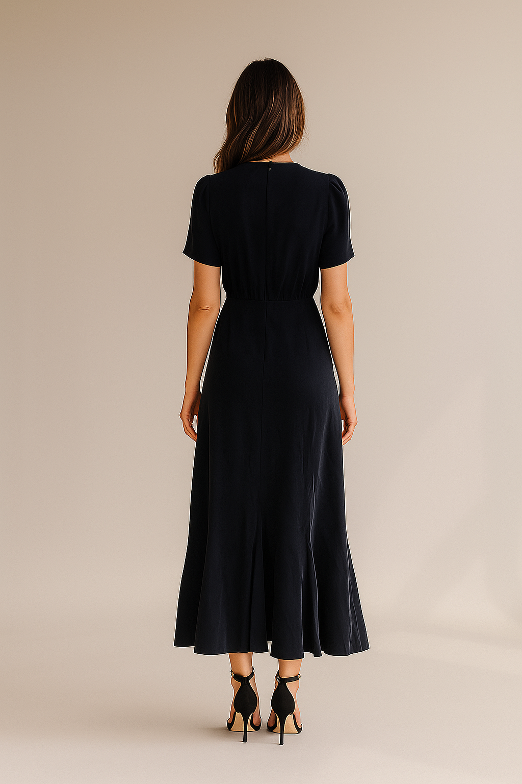 Sort dame midikjole med flæsekant og korte ærmer